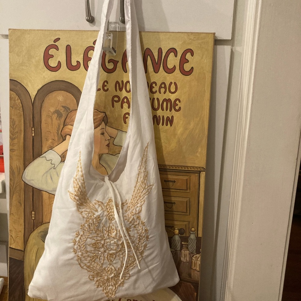 Hobo Tote Bag White with Embroidery and Beading in Champagne/Tan - Picture 5 of 5